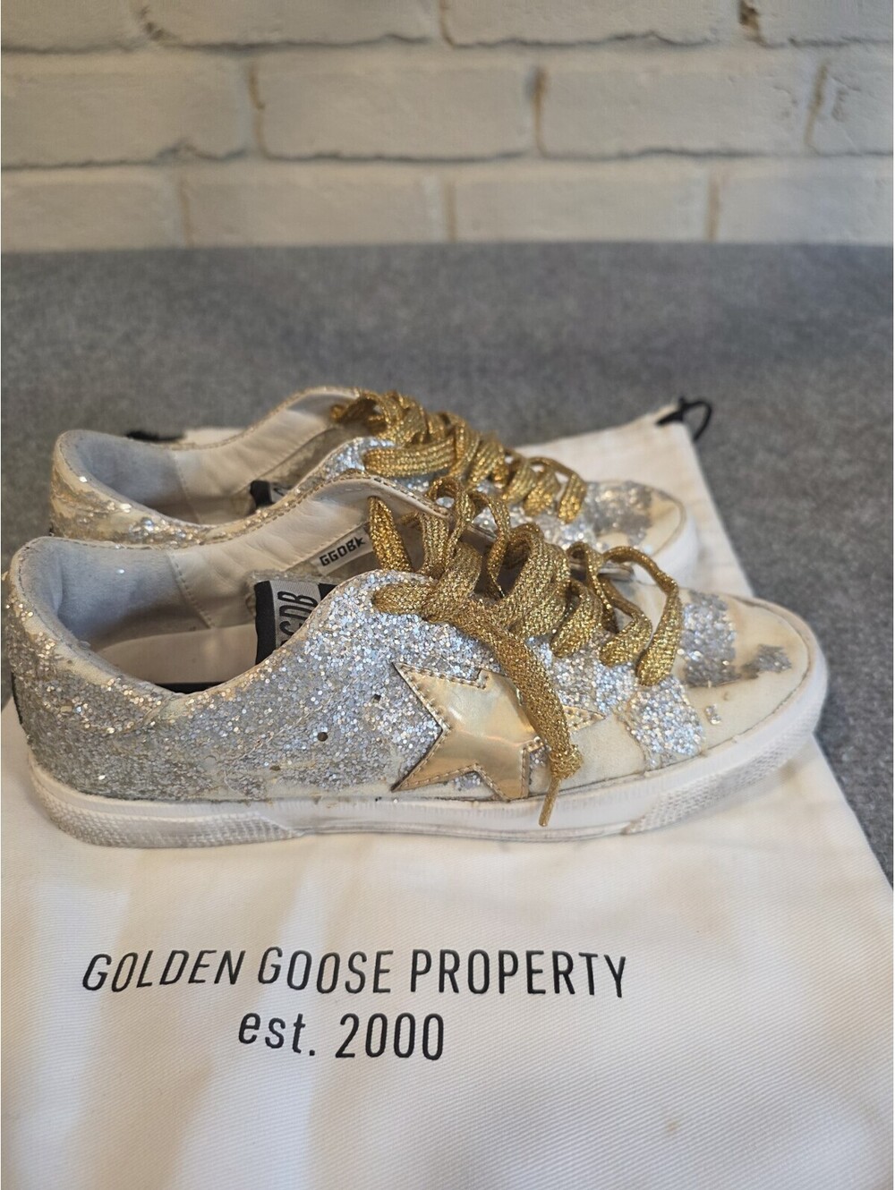 Golden Goose May Star Sz 38 US 8 Silver Glitter Gold Star Read Description